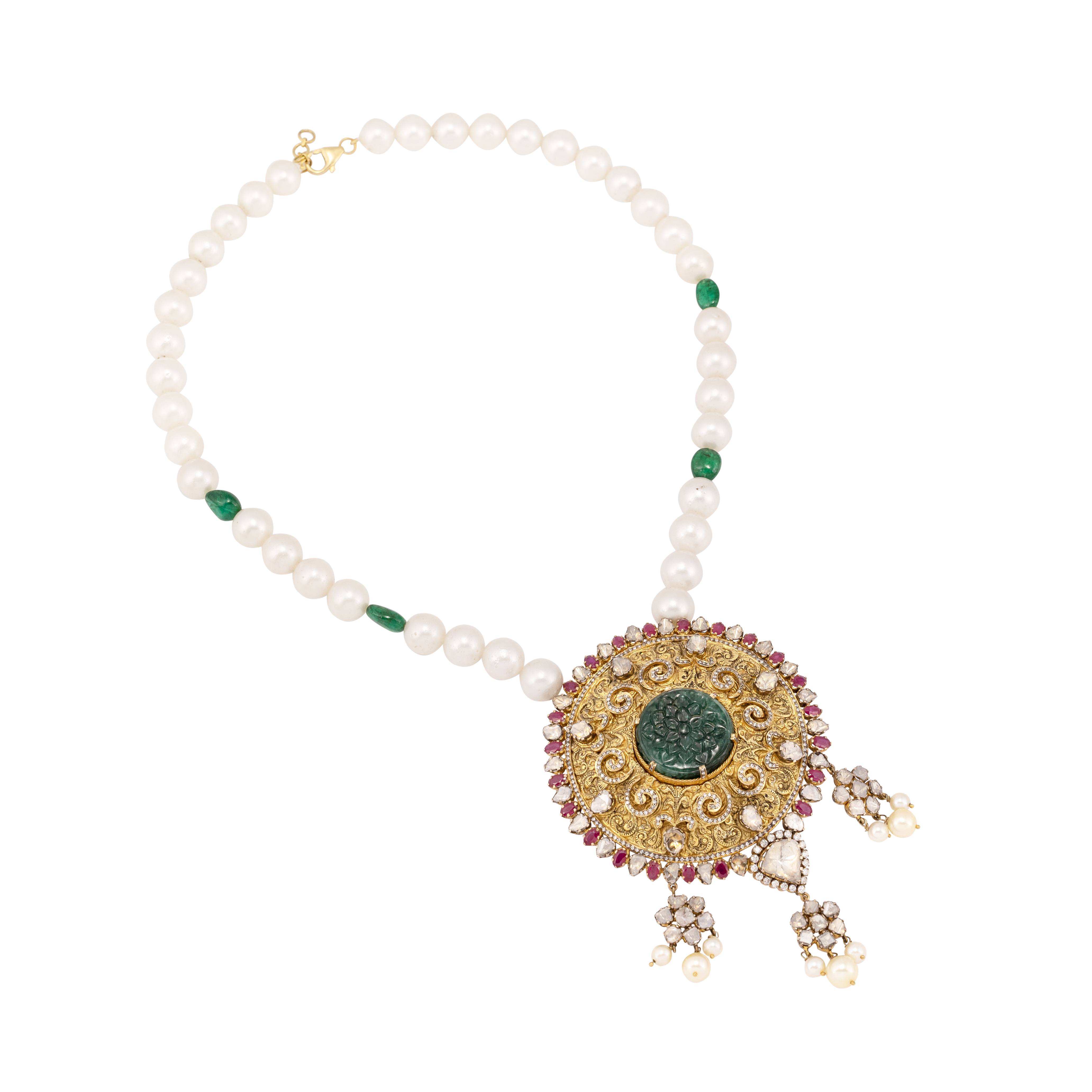 Carved Emerald Pendant Necklace with Rubies and South Sea Pearls